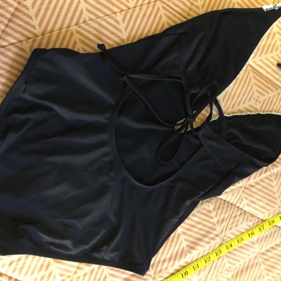 Black deep V halter swimsuit, cream crochet trim, size small - Picture 4 of 5